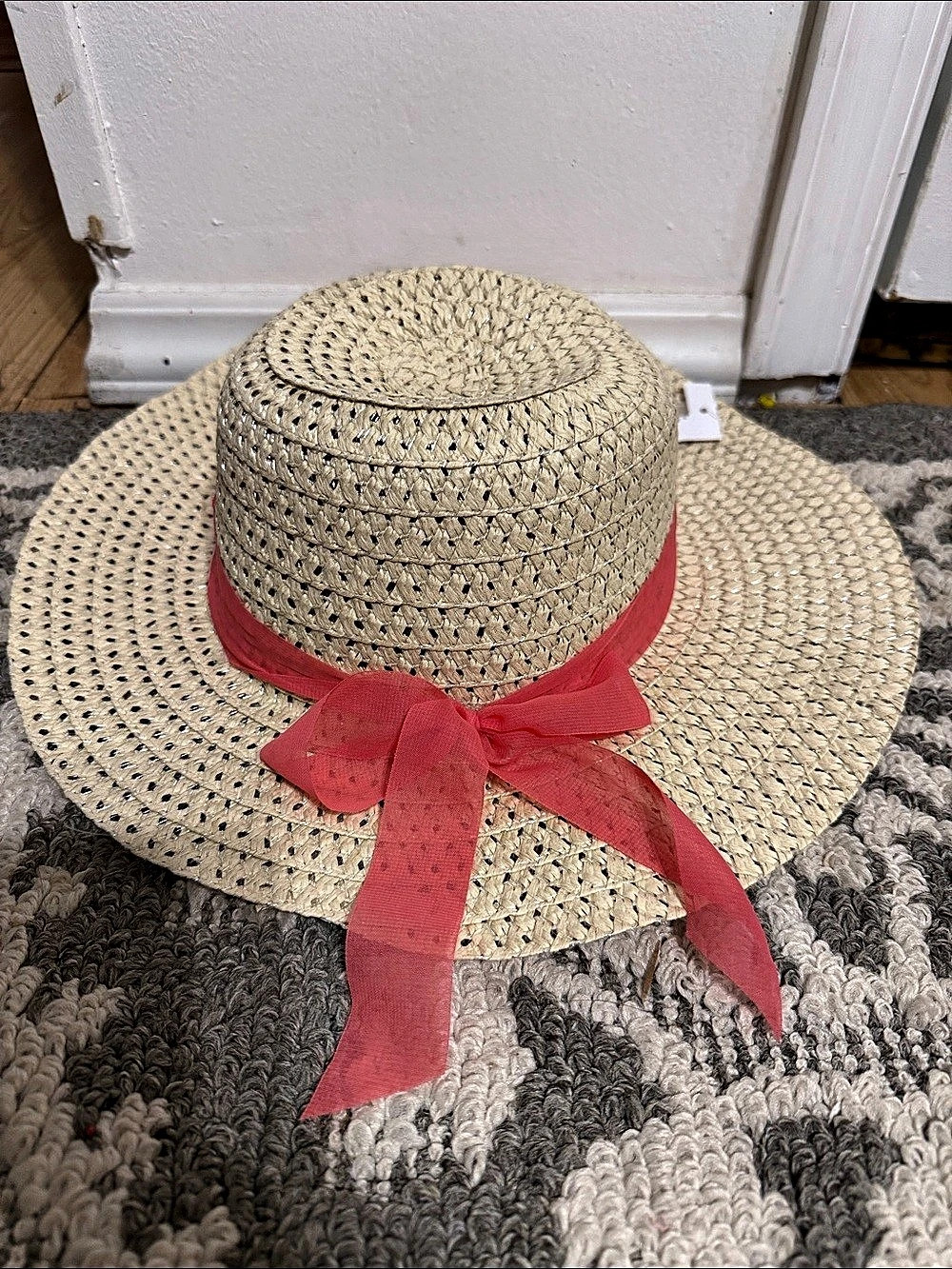 Straw-Style Sun Hat in Beige & Red